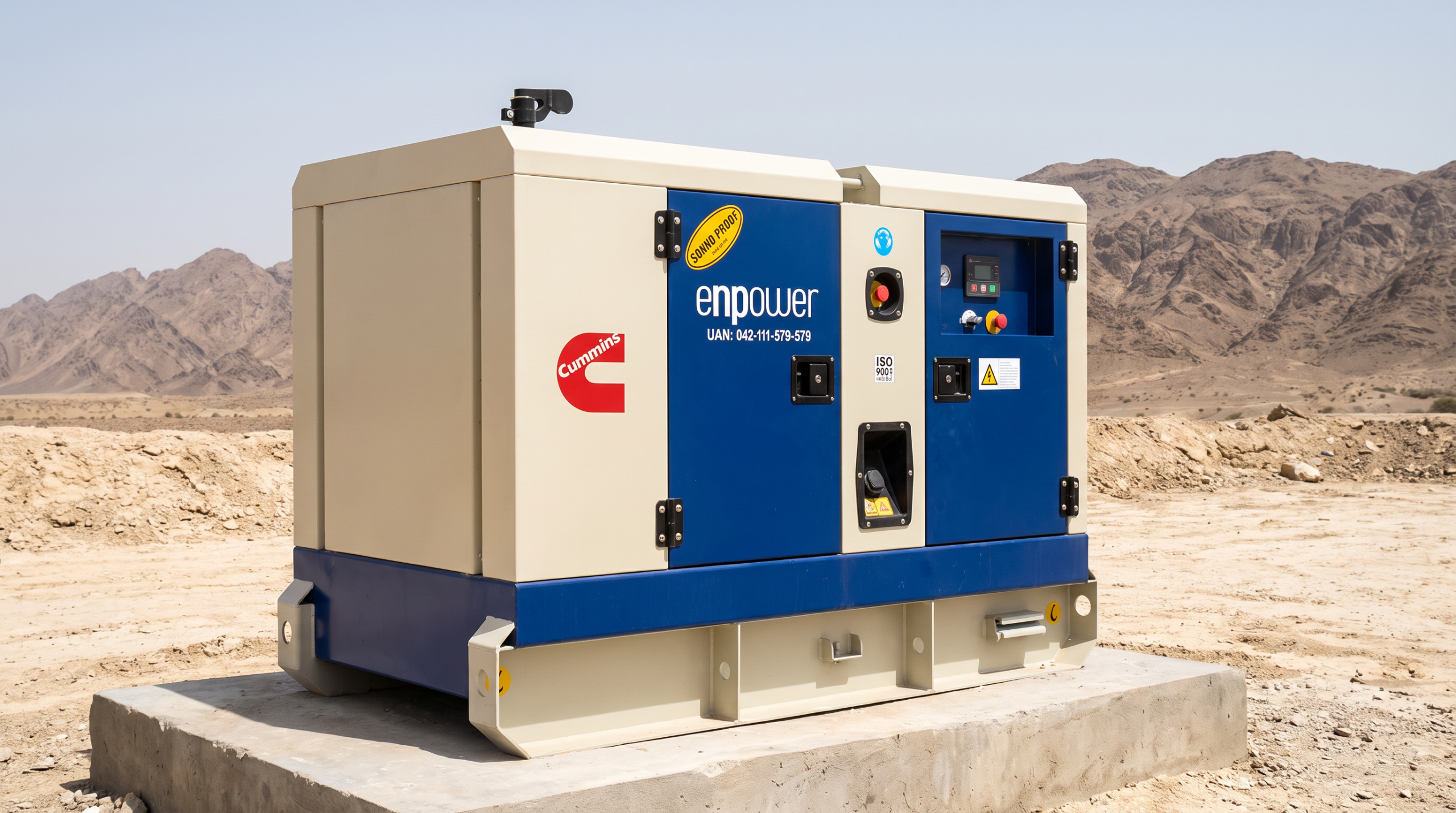 Diesel generator in a soundproof canopy at a sun-baked, high-altitude industrial site in Pakistan, where heat and thin air cut output